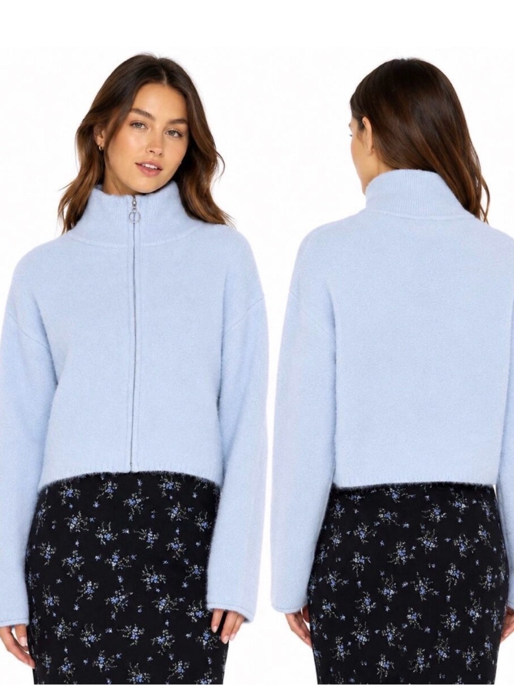 💛💛 3/25 Light Blue Cropped Zip-Front Mock Neck Jacket - Women
